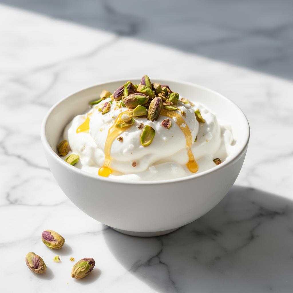 Bowl de yogurt griego helado con pistache y miel
