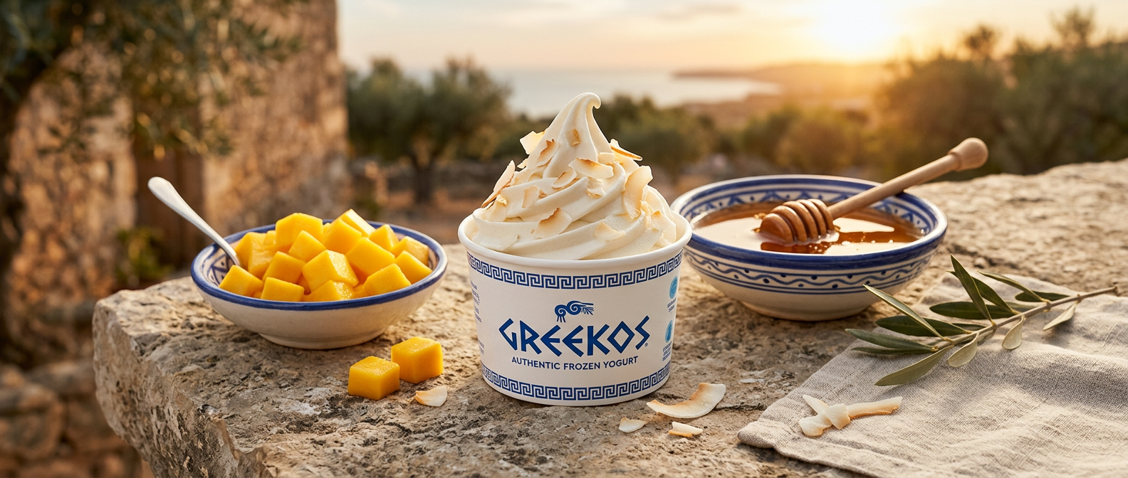 Bowl de yogurt griego helado con pistache y miel